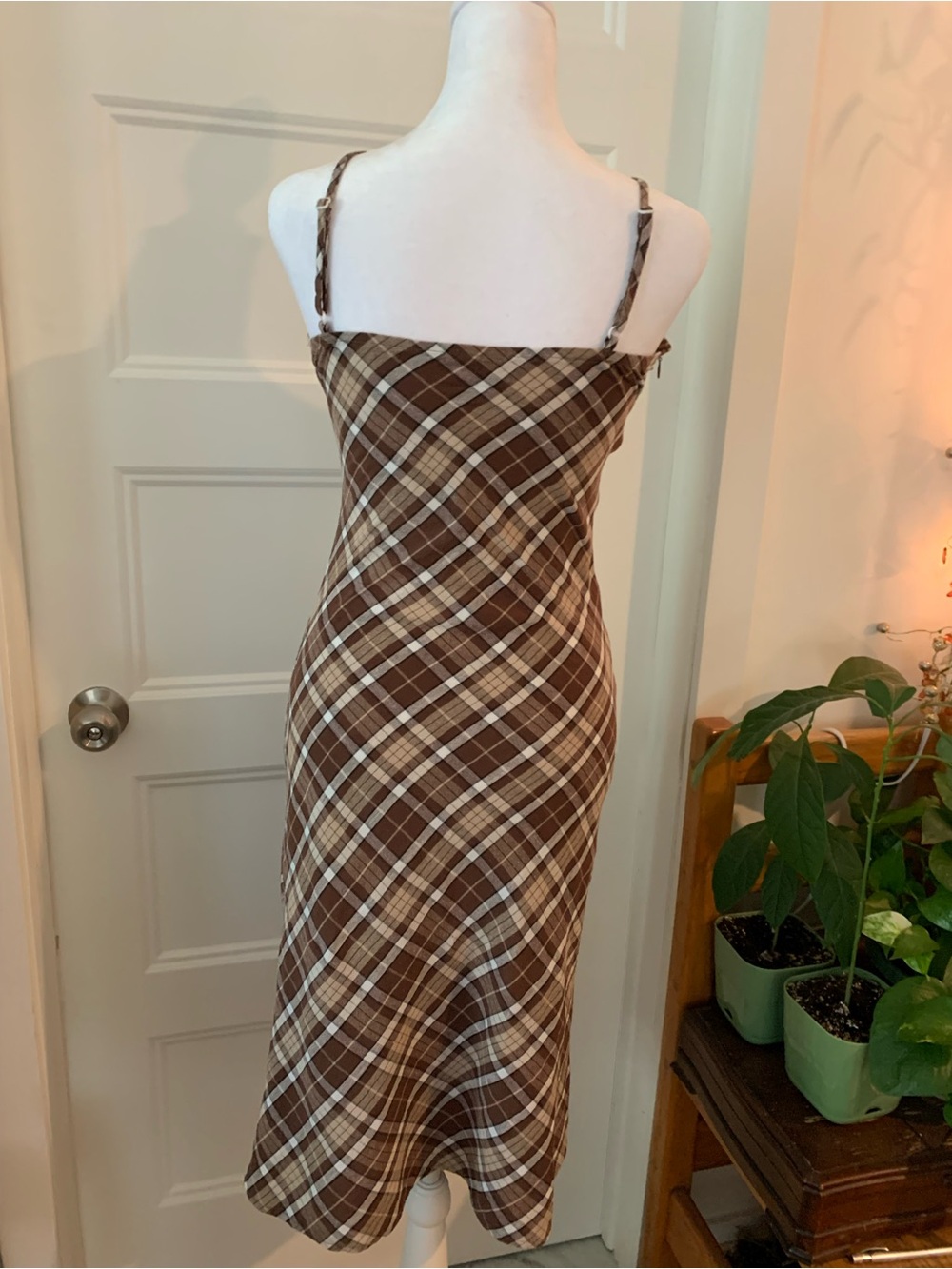 Women's light cotton Brown Plaid Slip Dress with Spaghetti Straps - Picture 3 of 3